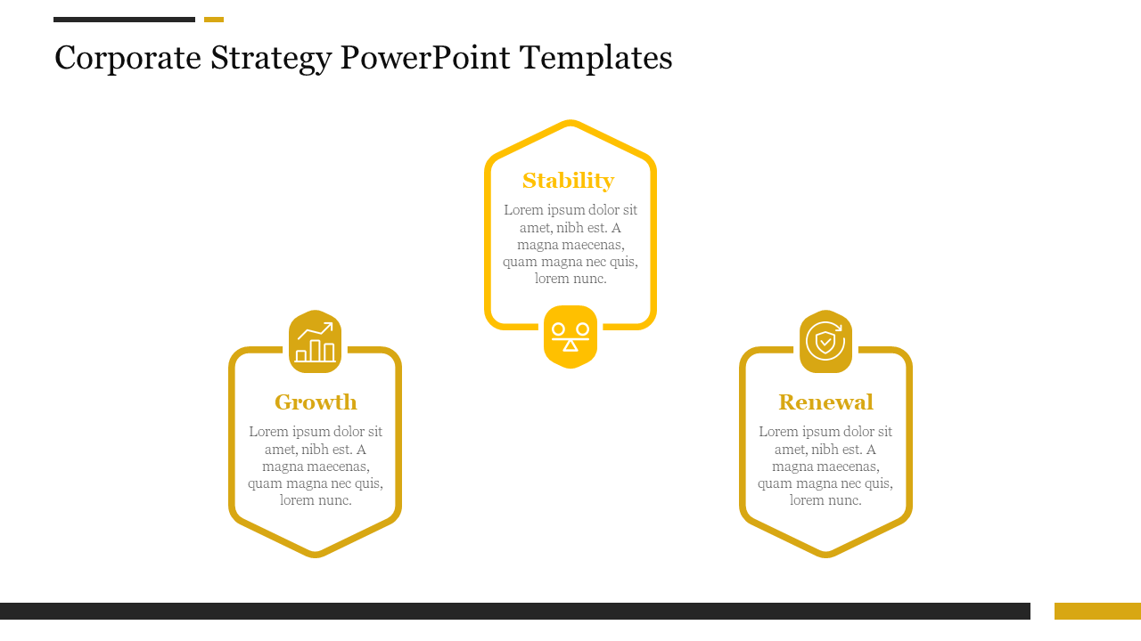 Corporate strategy slide featuring three categories growth, stability, and renewal with related icons and descriptions.