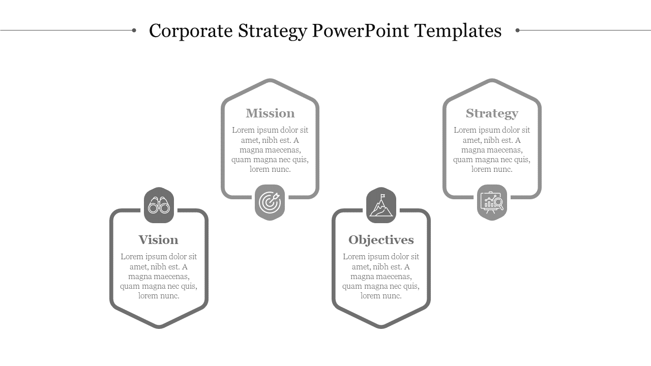 Corporate strategy template with three vertical steps stability, growth and renewal each with icons.