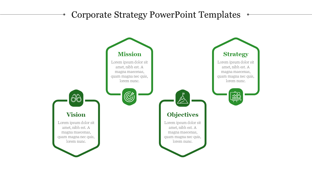 Corporate strategy slide featuring four green hexagons with titles, icons, and placeholder text.