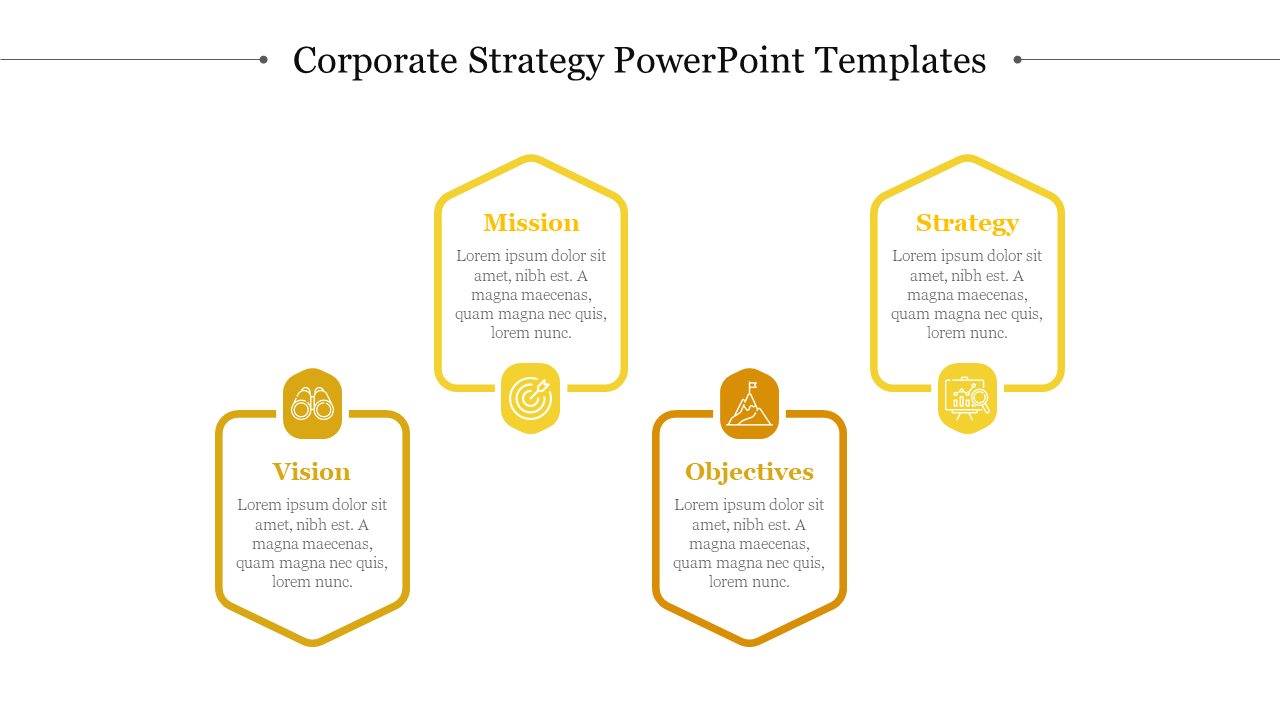 Corporate slide with four yellow outlined hexagons containing titles, icons, and descriptions for business strategies.