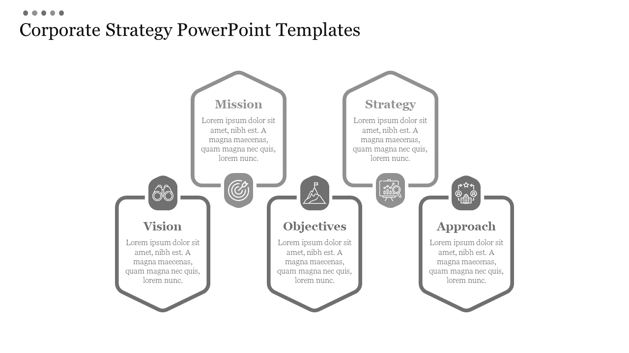 Slide design showing five gray hexagons aligned horizontally with icons and strategy related titles.