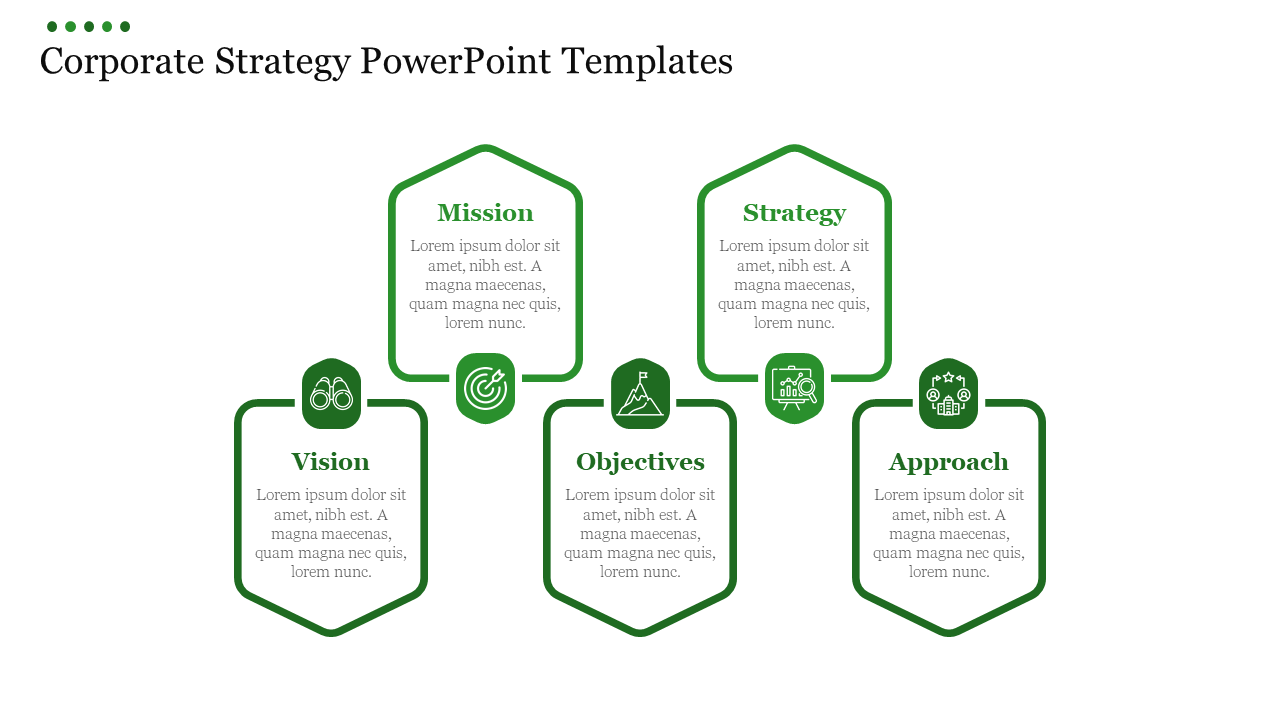 Green themed corporate strategy slide with sections from Mission to Approach, each with relevant icons and placeholder text.