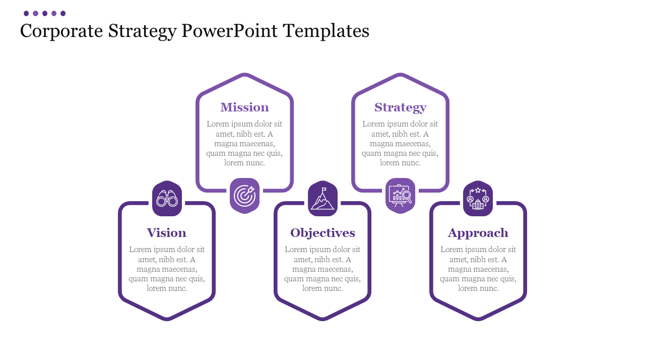 Corporate strategy slide with five purple hexagon shapes containing titles, icons, and descriptive placeholders.