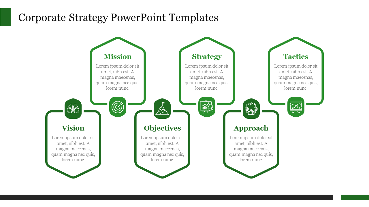 Corporate strategy diagram with six green connected hexagons, each labeled from vision to tactics featuring icons above.