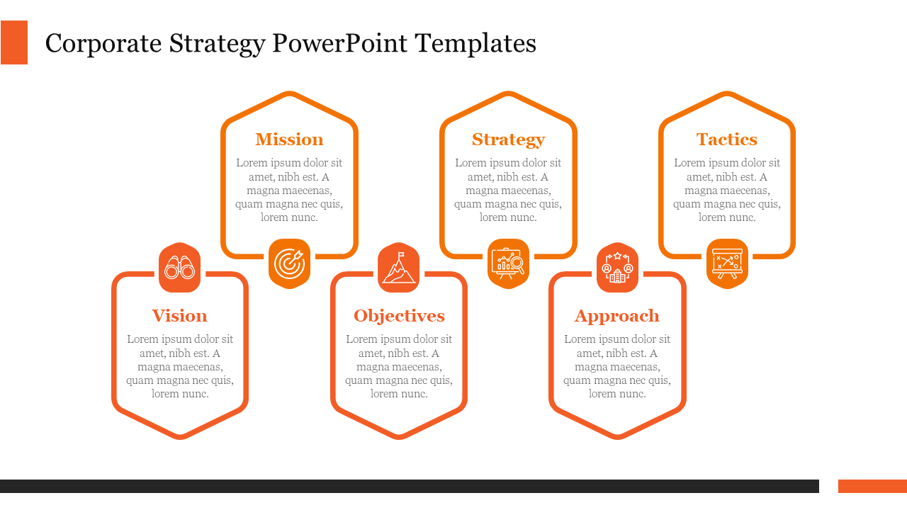 Slide design displaying six orange hexagon shapes aligned with strategy related titles, icons, and placeholder text.