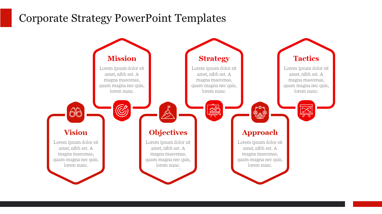 Red themed strategy template from vision to strategy in hexagon shapes connected with lines and icons.