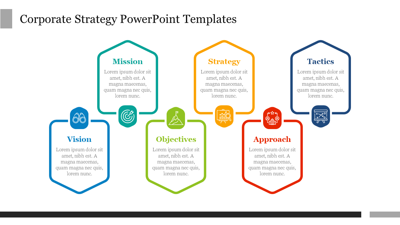 Corporate strategy slide with six sections Vision, Mission, Strategy, Objectives, Approach, and Tactics, each with an icon.