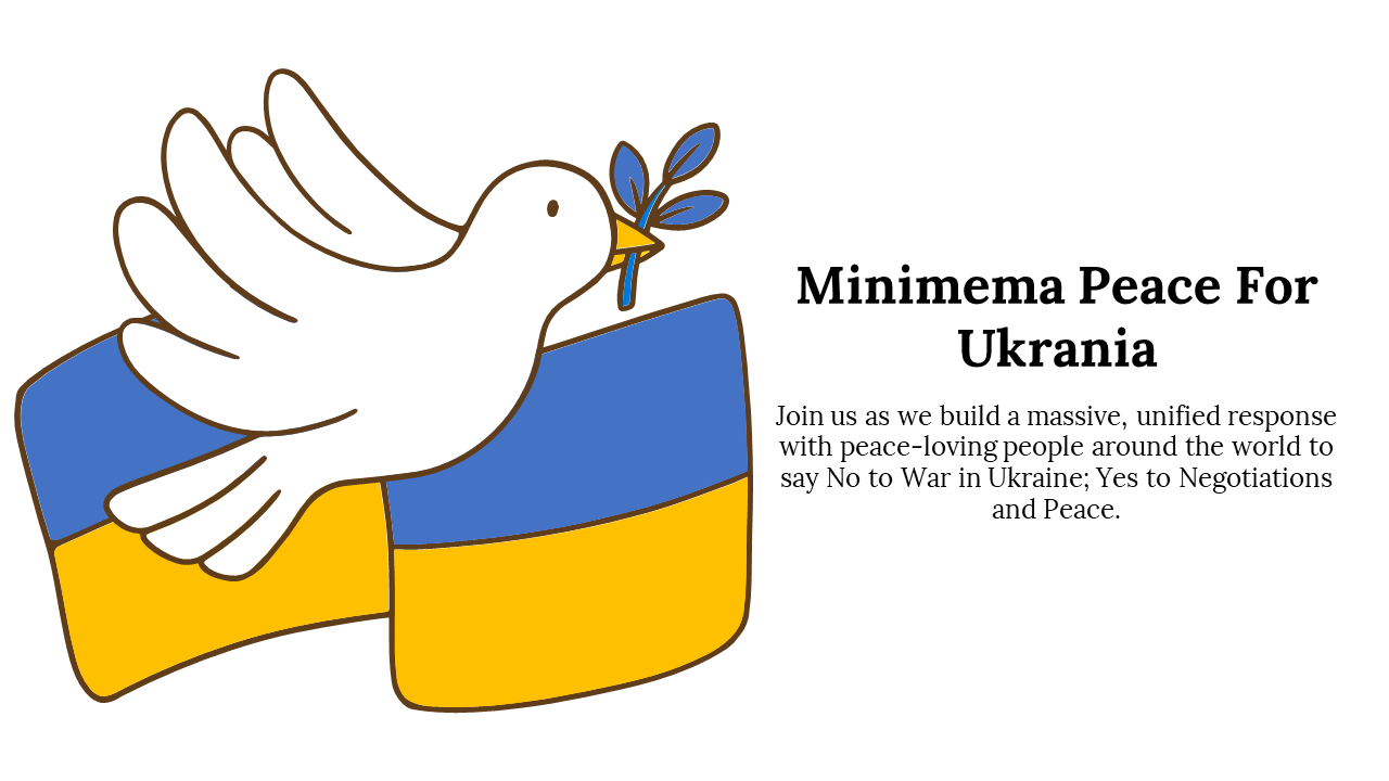 Illustration of a dove holding an olive branch above the blue and yellow flag of Ukraine, with text on the right.