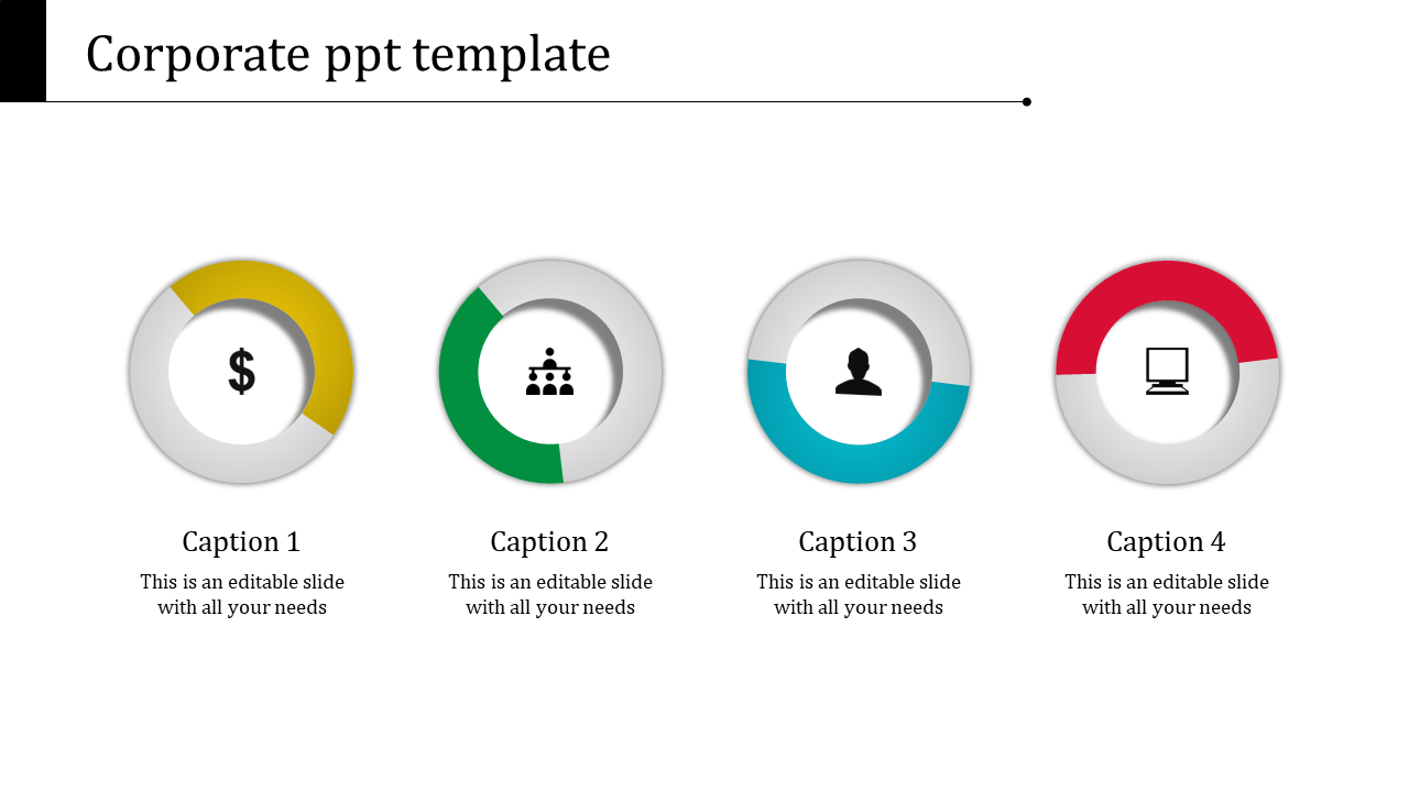 Corporate process diagram with four segmented circular markers, each representing different business elements with captions.