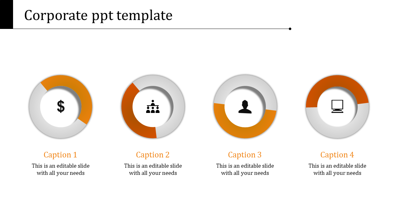 Four step design with circular orange and gray segments featuring icons and captions on a white background.
