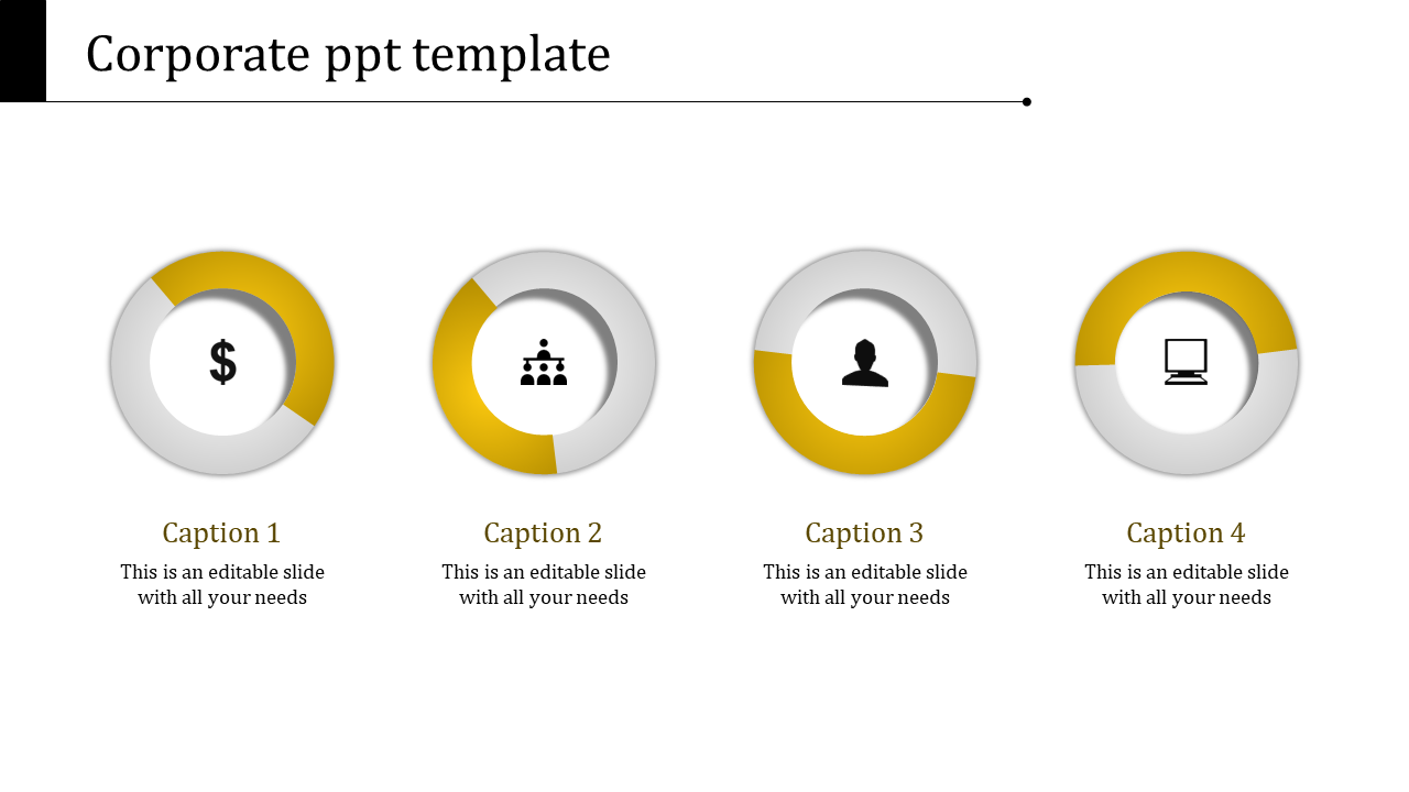 Corporate process diagram with four yellow and grey circular markers, each representing different business elements. 