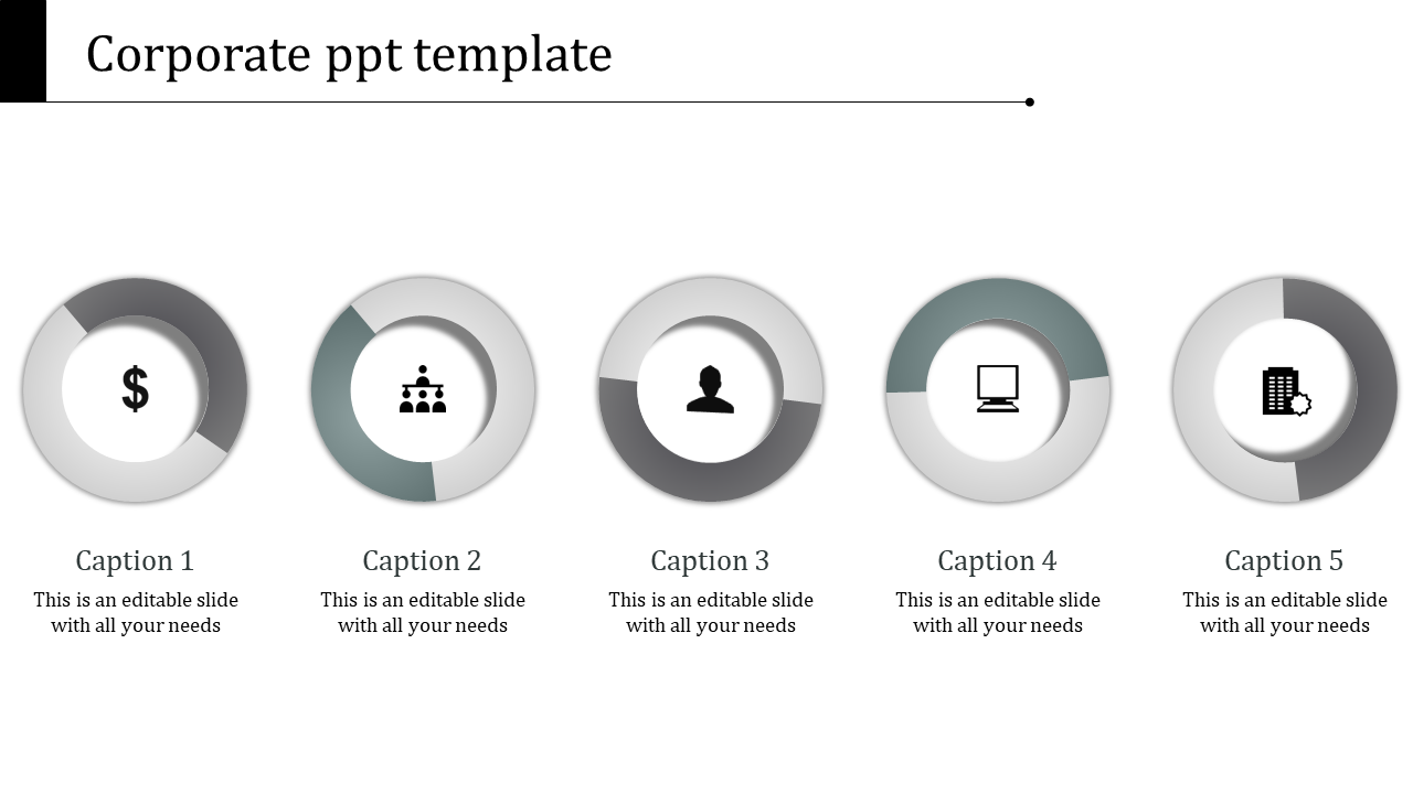 Corporate PowerPoint template featuring five icons for dollar, team, user, computer, and building, with captions.