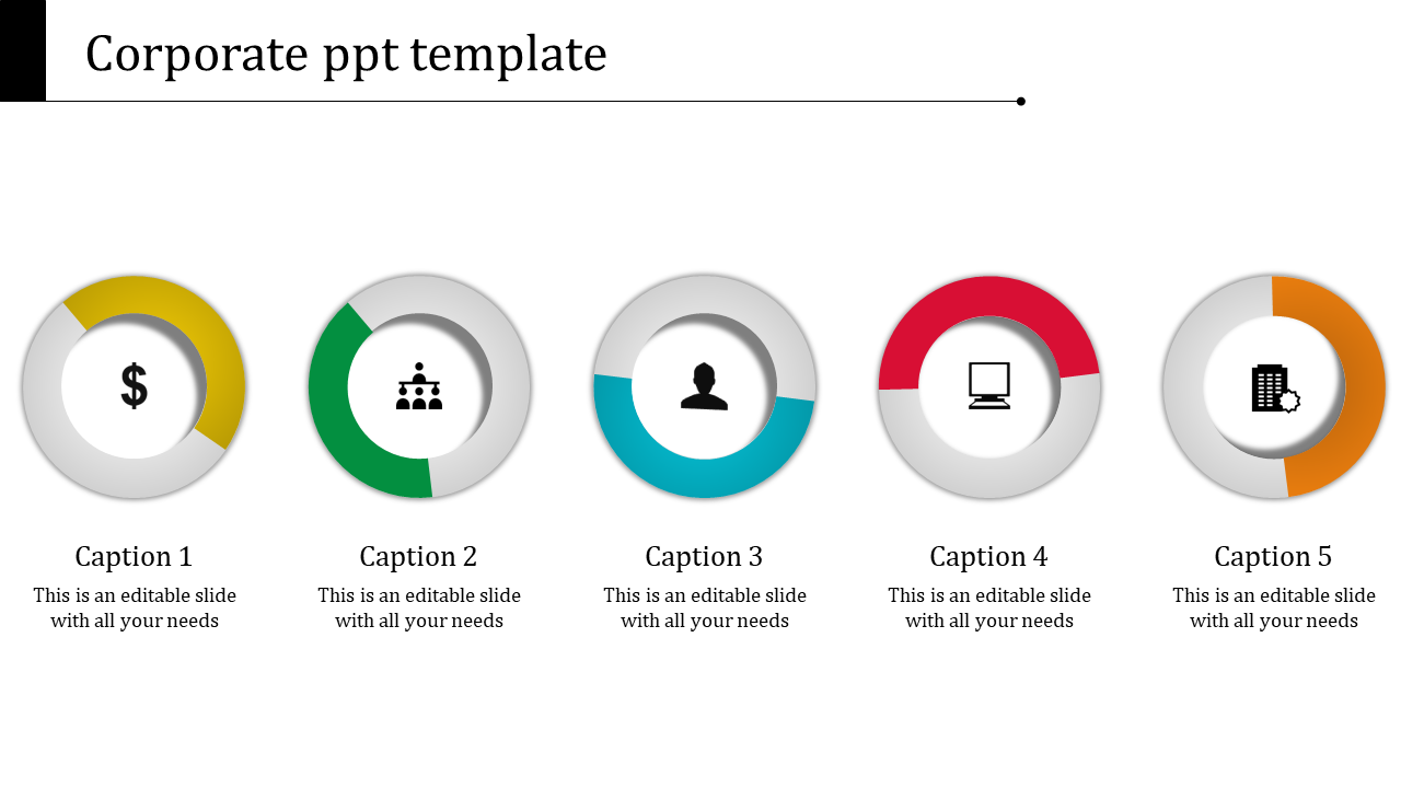 Corporate process diagram with five segmented green and grey circular markers, each representing business elements. 