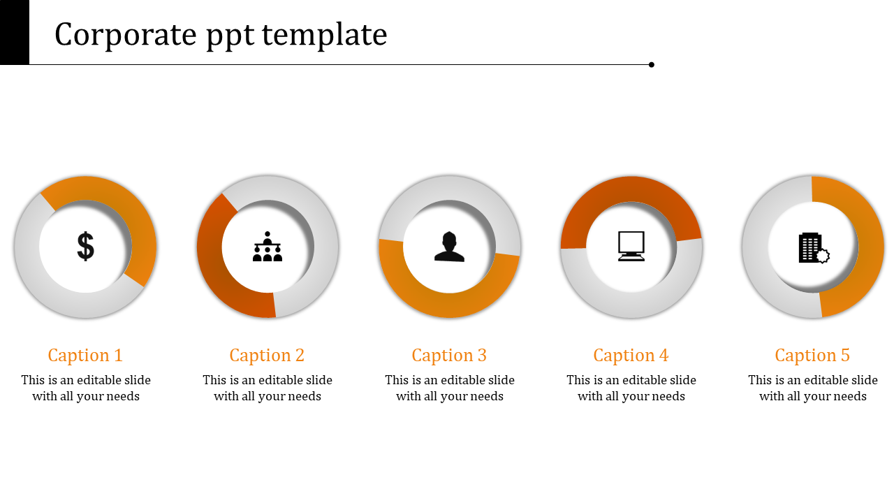 Professional layout with five orange and gray circular icons aligned horizontally and descriptive captions.