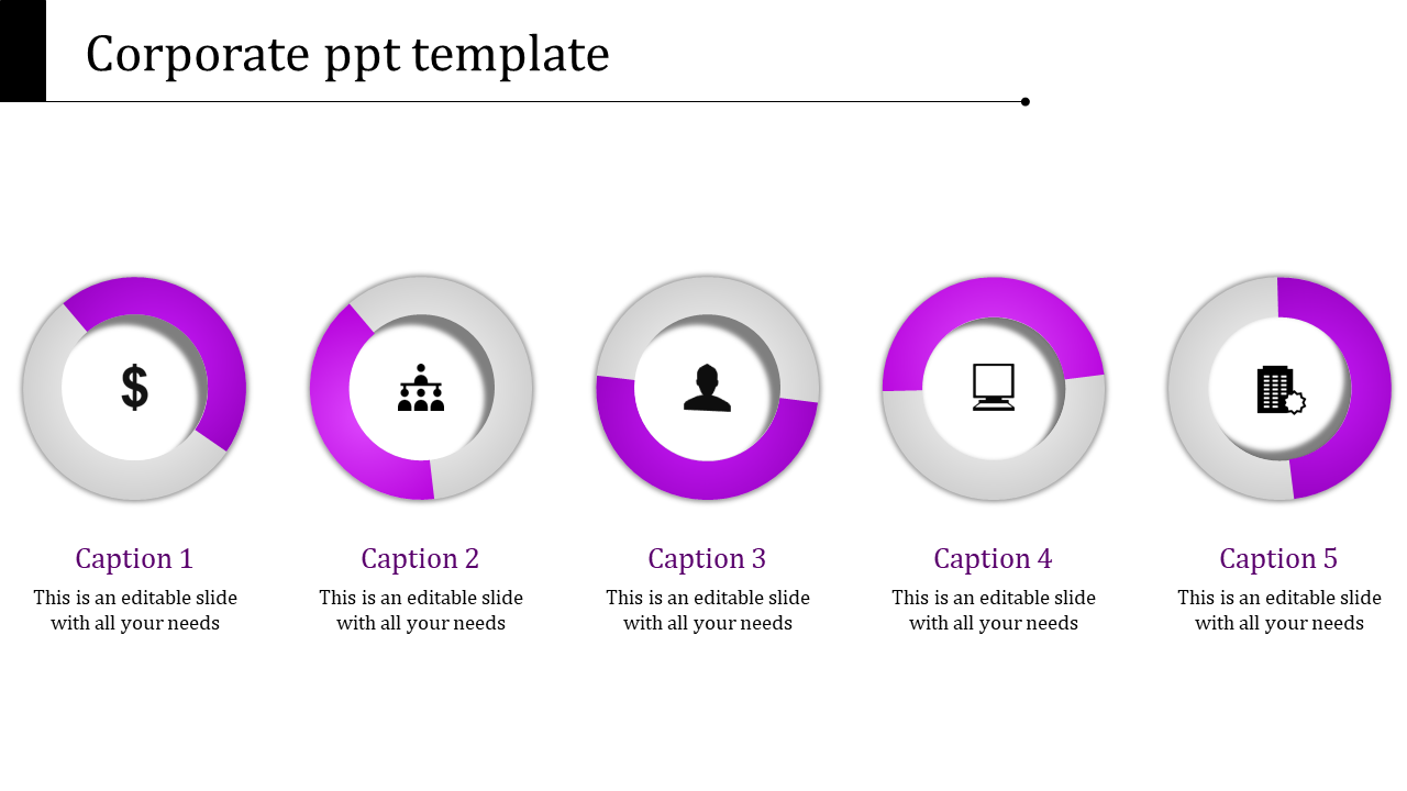 A Corporate PowerPoint slide with purple accents features icons for dollar, team, user, computer, and building.