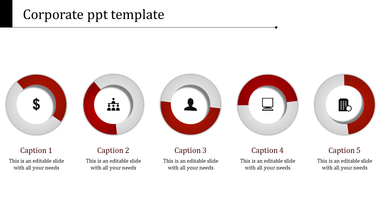 Five step design with circular red and gray segments featuring icons and captions on a white background.