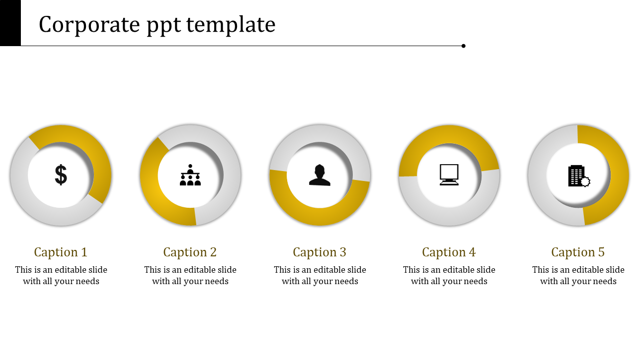 Business corporate timeline template with four yellow staggered diamonds containing step numbers, icons, and caption areas.