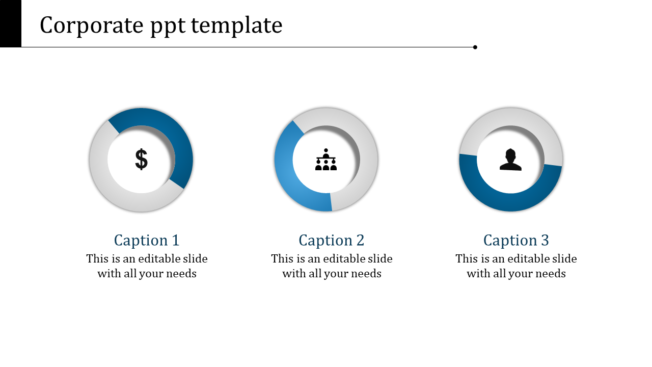 Corporate PowerPoint template featuring icons for money, team, and individual with captions.