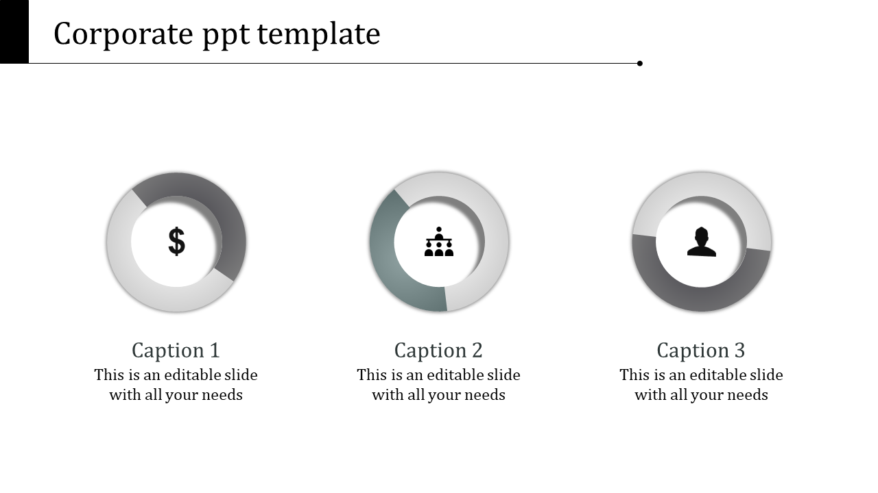 Corporate template featuring three circular icons dollar sign, chart, and user icon with captions areas beneath.