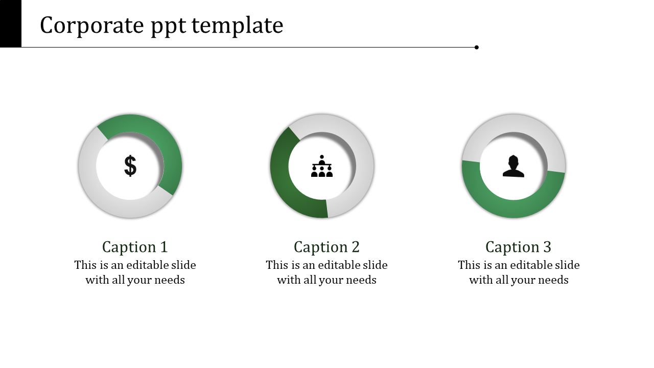 Corporate slide with three circular diagrams in green and gray, each containing a distinct icon and caption below.