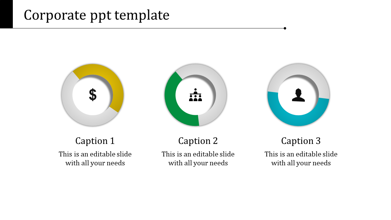 Template featuring three colored circular markers dollar, organization, user with distinct colors, each with a caption areas.
