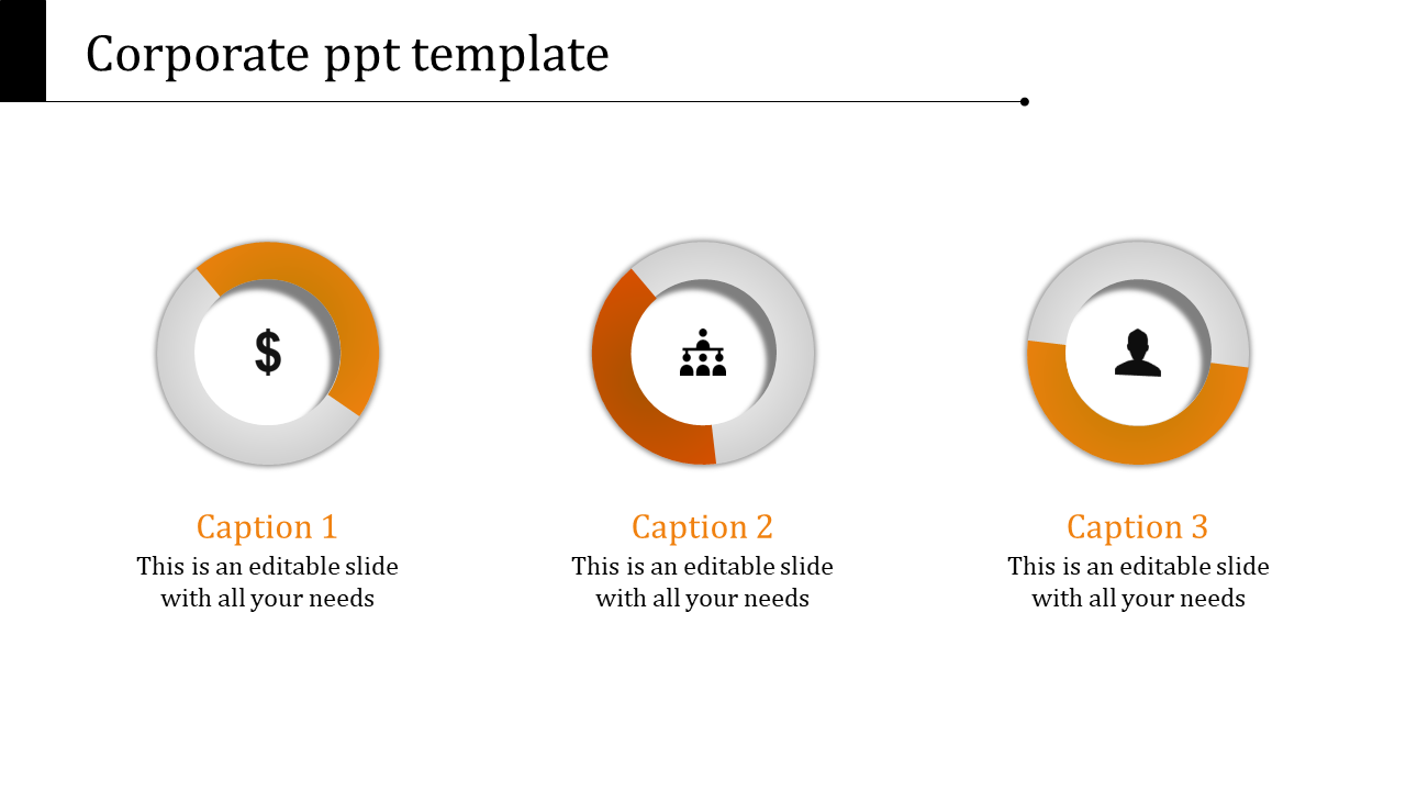 Corporate PowerPoint template with circular icons representing finance, management, and individuals with captions.