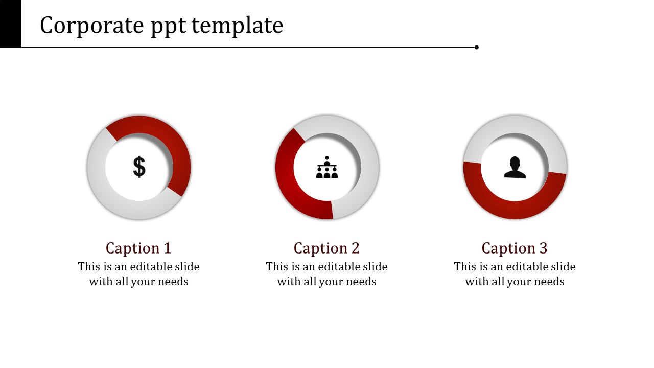 Corporate PowerPoint template with red and white circular icons for finance, management, and user profiles with captions.