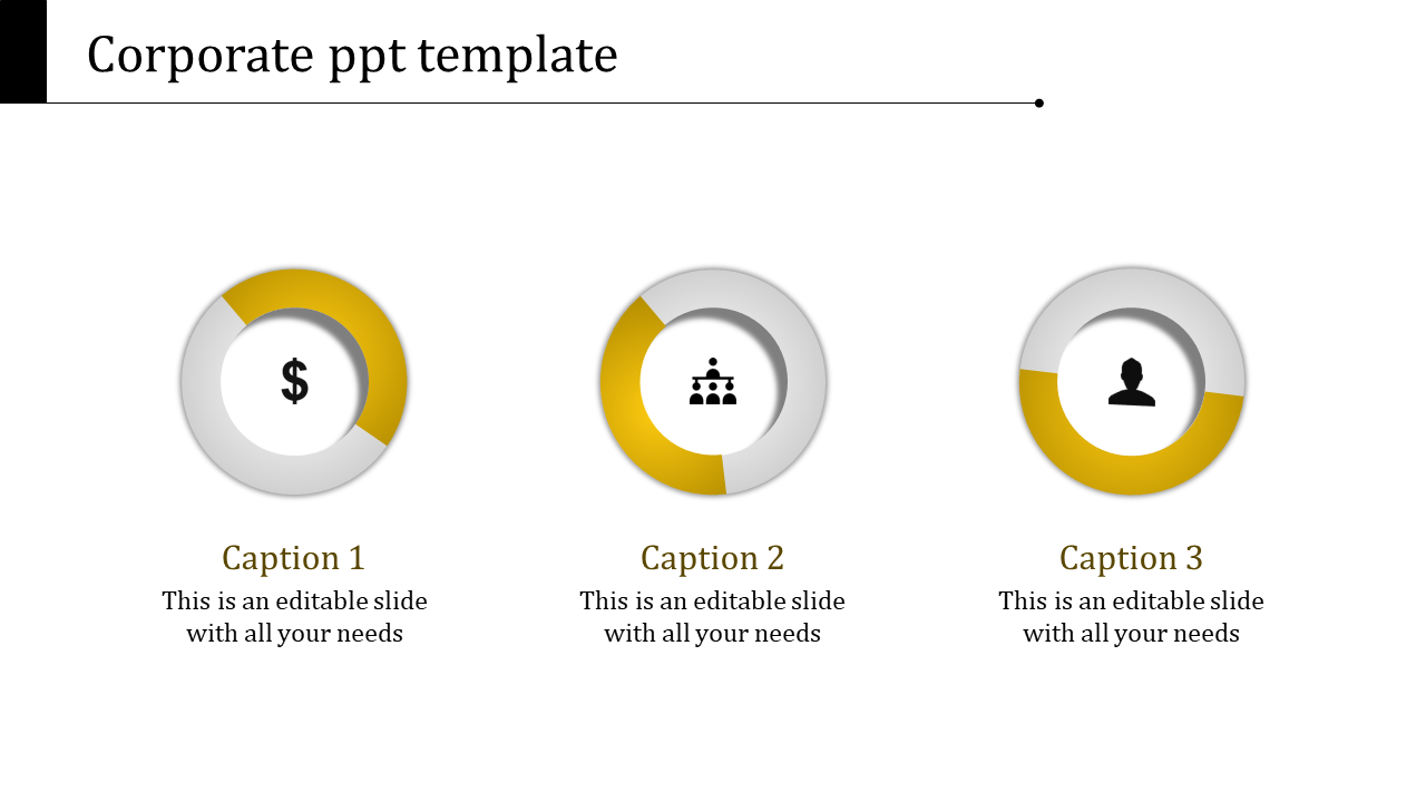 Corporate slide layout showing three circular visuals in yellow and gray with icons and captions below.