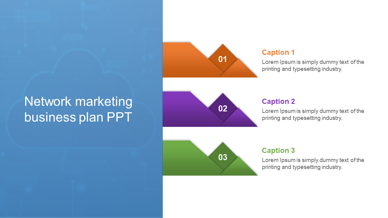 A slide for a network marketing business plan, featuring three colorful pyramid shapes with captions and a cloud background.
