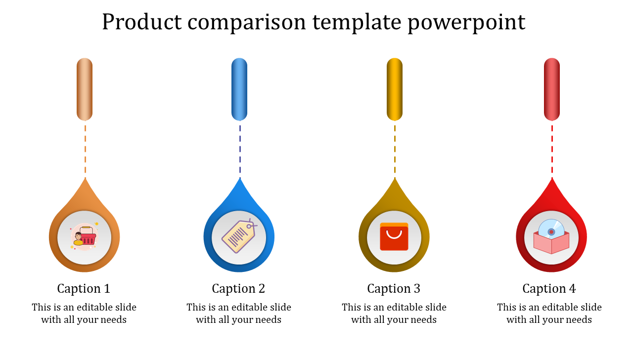 Comparison slide with four hanging droplet-shaped pointers in distinct colors, containing icons for e-commerce.