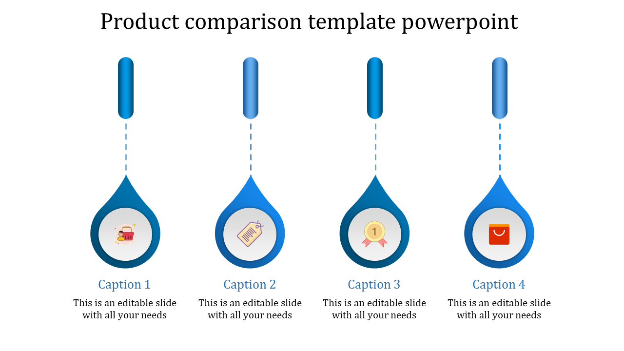 Product comparison PowerPoint slide with blue teardrop shapes, icons for shopping, price tags, awards, and shopping bags.