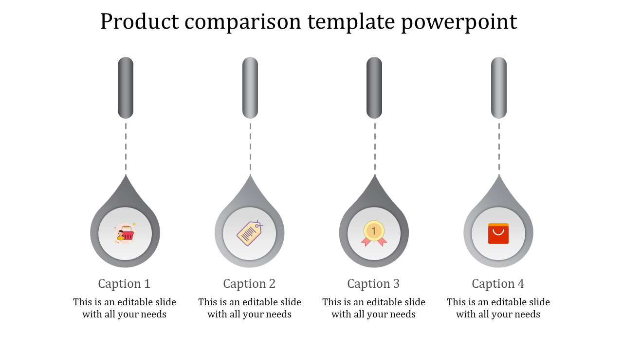 Product comparison PowerPoint slide featuring four icons for shopping, pricing, awards, and product selection.