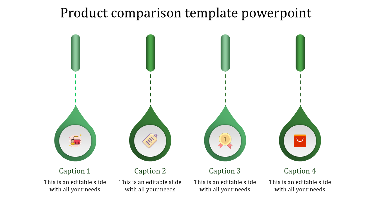 Minimalist comparison slide with green elements arranged in a line, each symbolizing different product evaluation aspects.