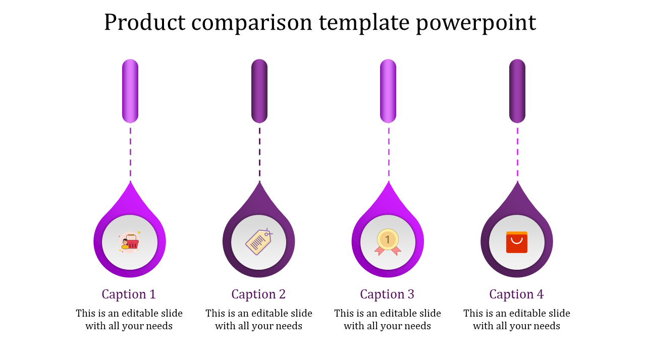 Purple themed product comparison slide with four vertical drop shapes containing icons for captions below.