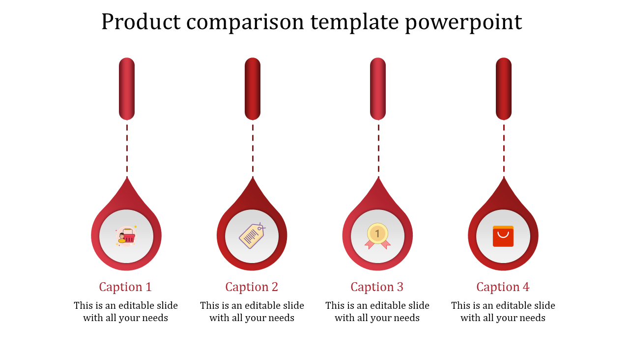 Minimalist comparison slide with red-themed elements arranged in a line, each different product evaluation aspects.