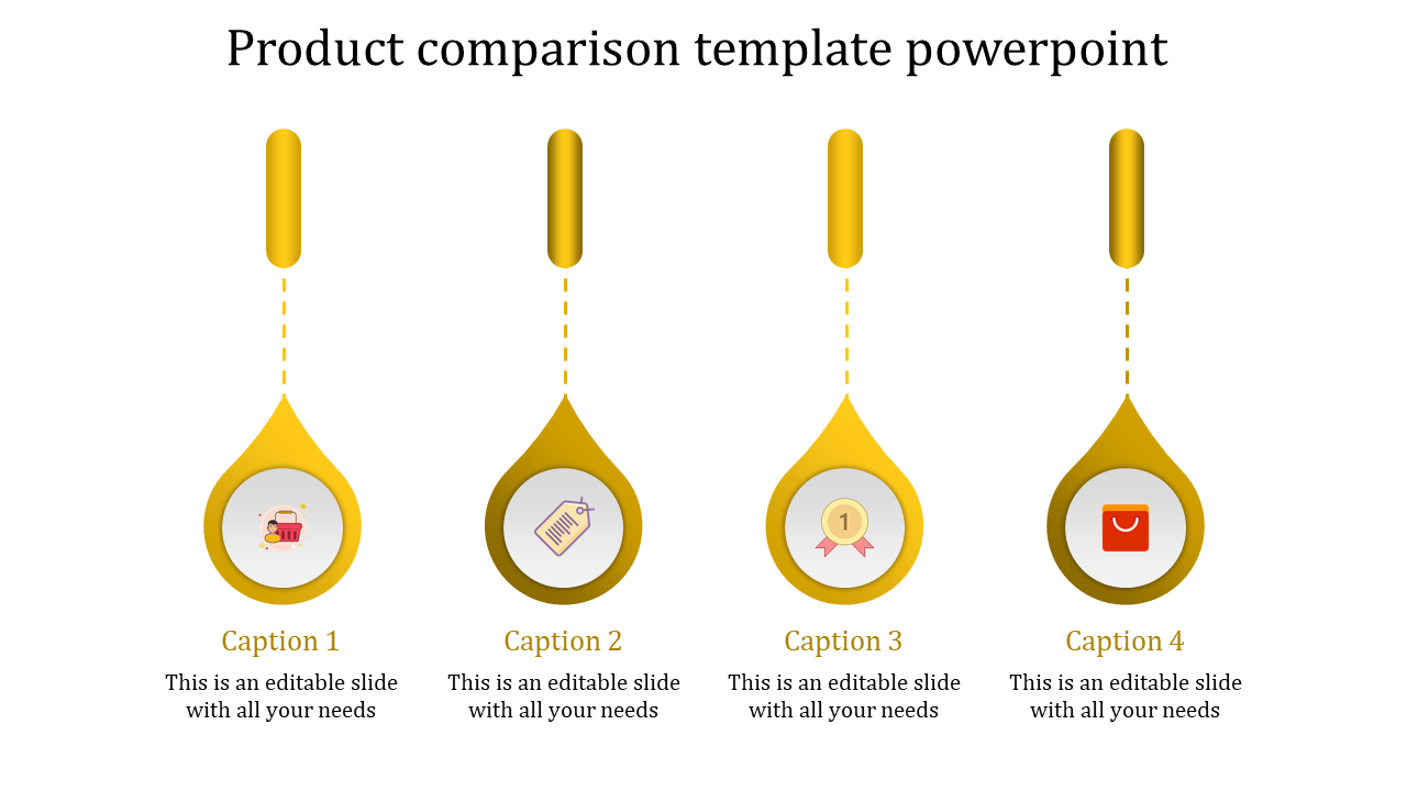 Product comparison slide with icons for shopping cart, price tags, medal, and shopping bag in a yellow design with captions.