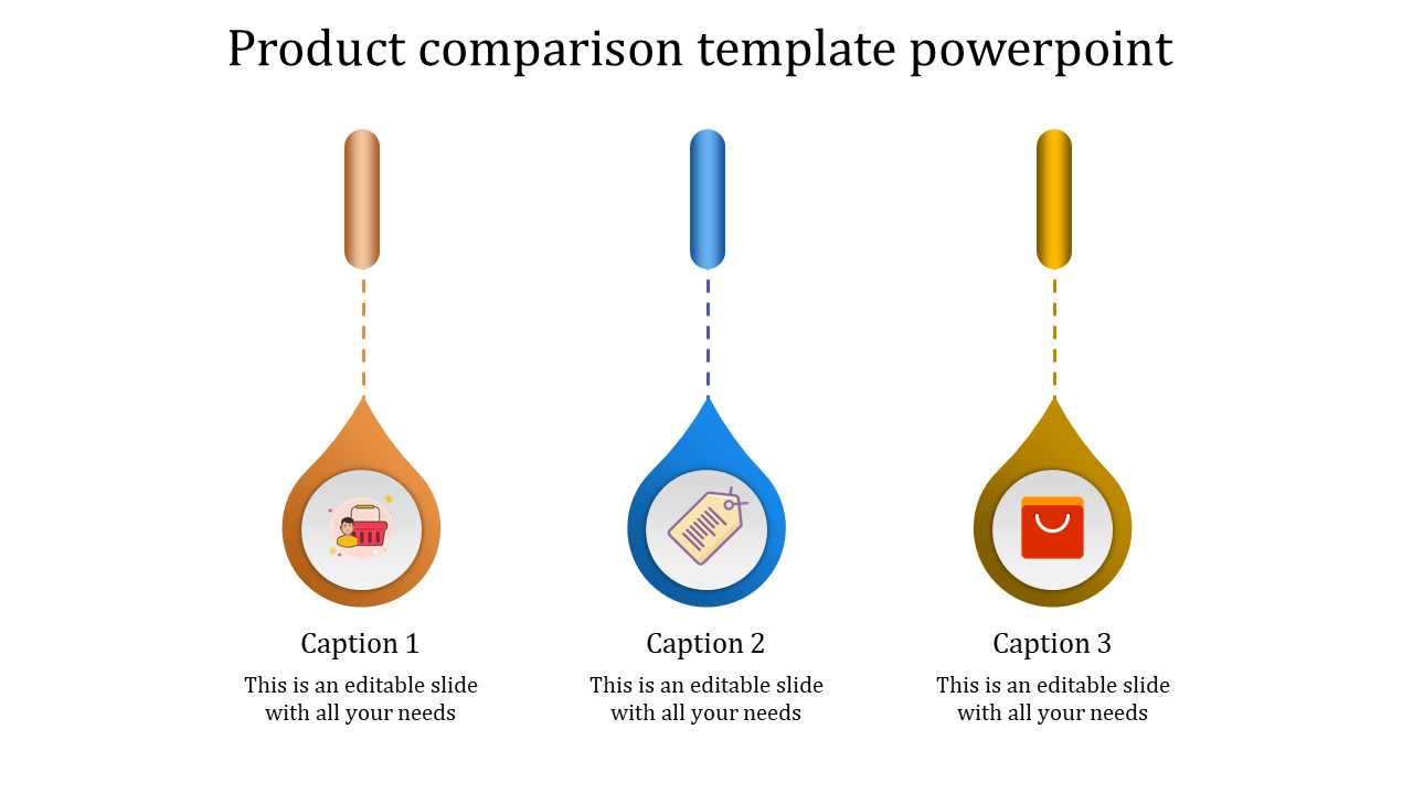 Three teardrop shaped elements in orange, blue, and gold with icons connected by dashed lines to top bars.