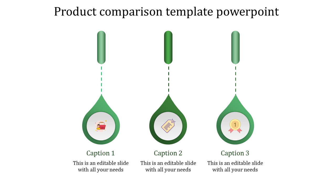Product comparison PowerPoint slide featuring three sections with icons and captions.