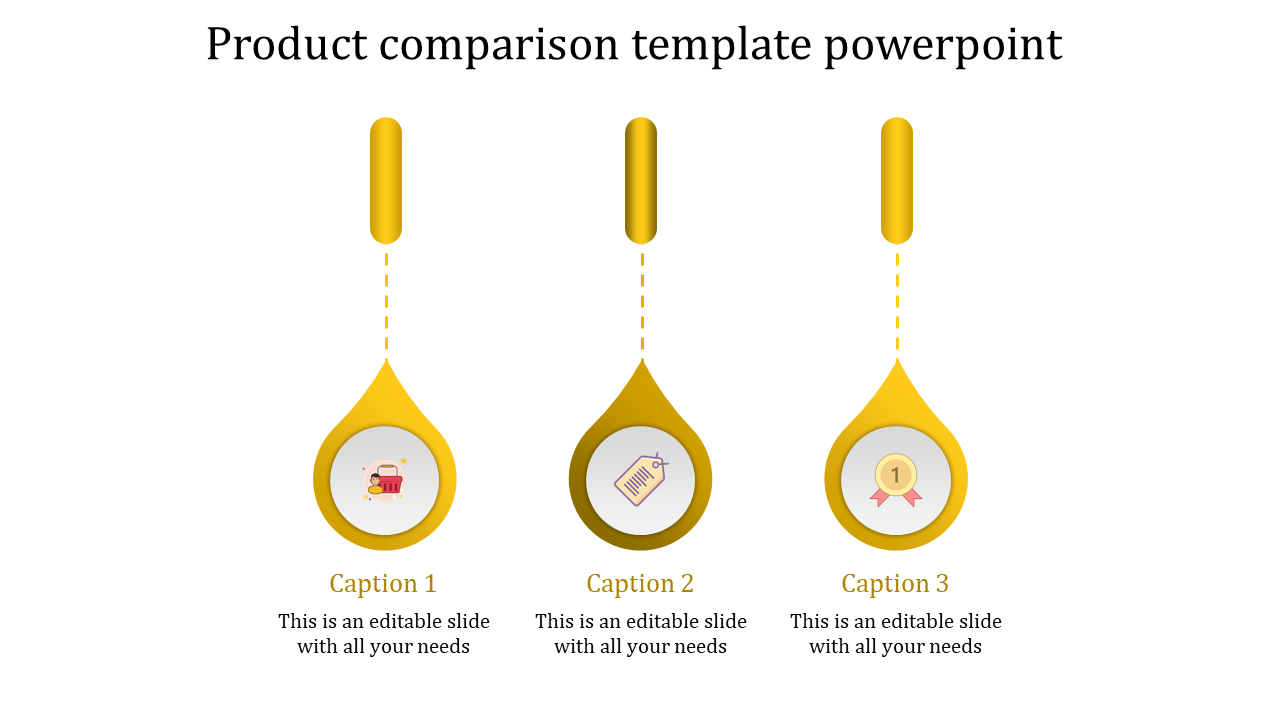 Three yellow teardrop shapes with icons for basket, tag, and medal connected to rounded bars by dashed lines.