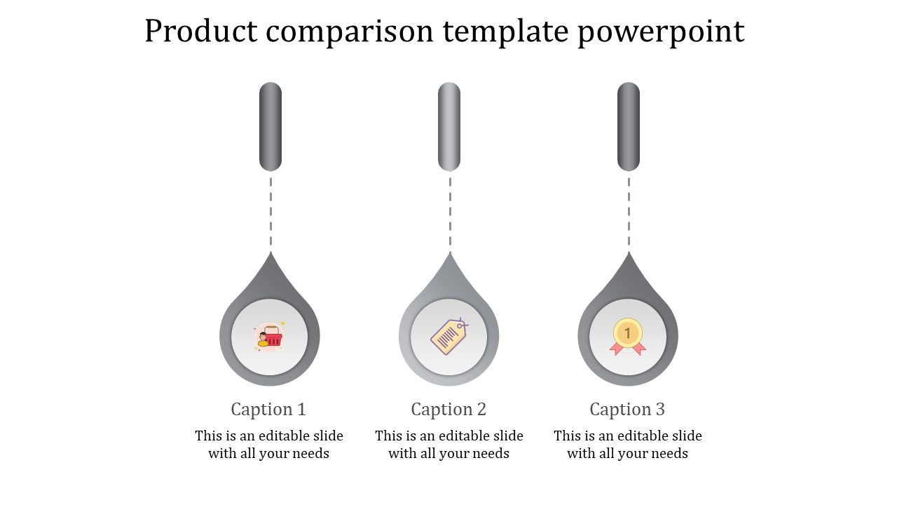 Three vertical gray teardrop elements featuring icons for cart, tag, and medal, connected to bars by dotted lines.