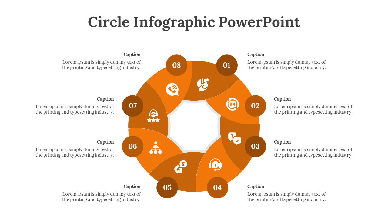 Orange circle infographic PowerPoint template featuring eight numbered sections with icons and captions for each step.