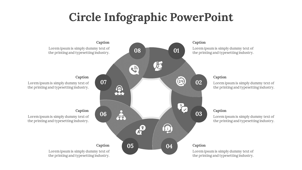 Circular infographic layout with eight gray sections, each containing an icon, caption, and numbers.