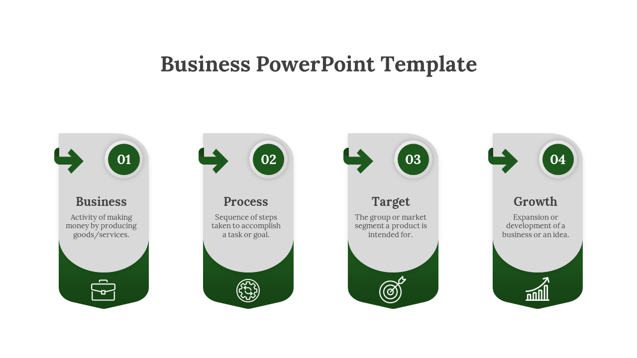 Business PowerPoint template with four steps from Business, Process, Target, and Growth, each with matching green icons.