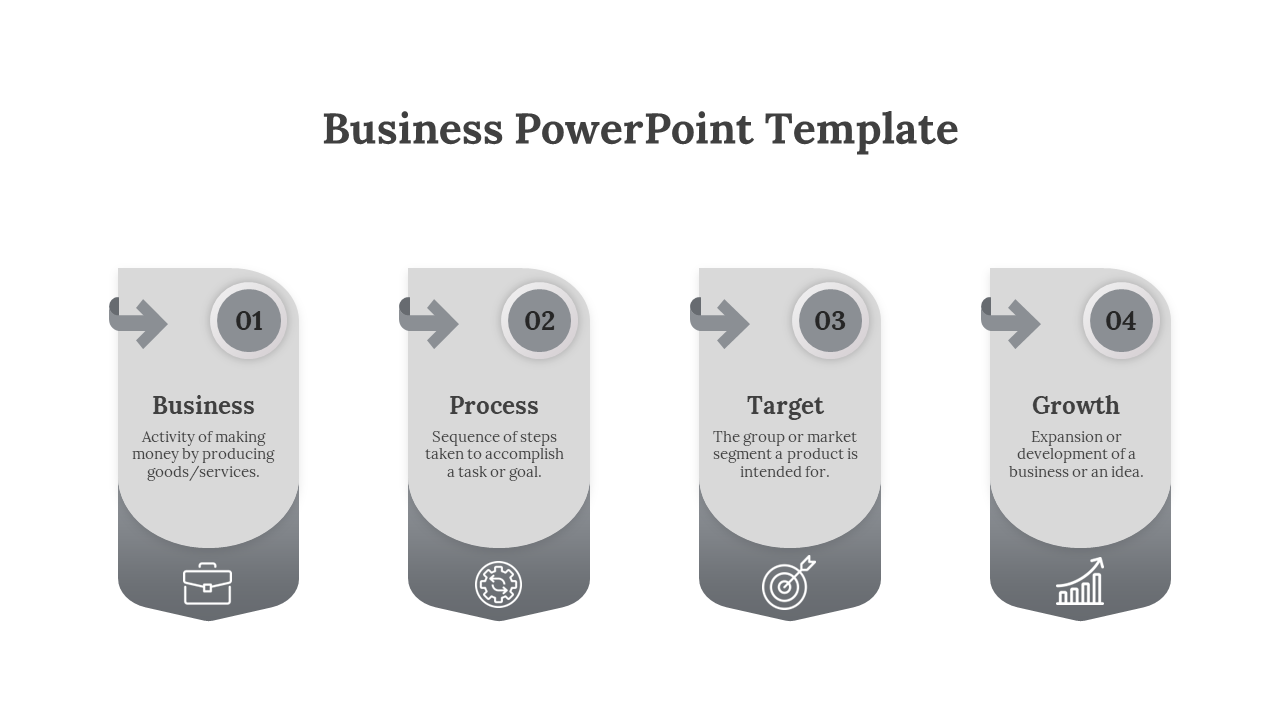 Four gray vertical panels with rounded tops, icons, and text for business steps on a white background.