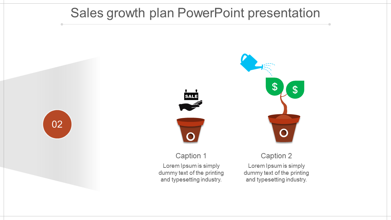 Growth illustration with two brown plant pots, with a sales icon, a watering can, and green dollar leaves.