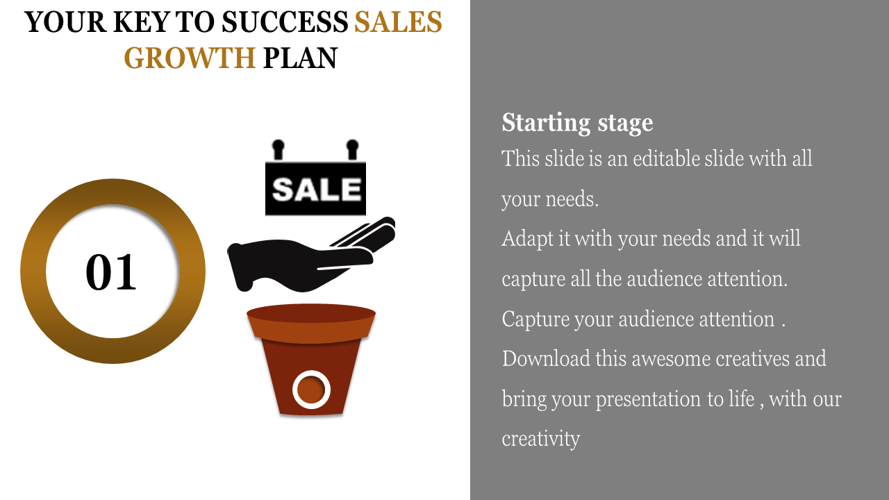 Slide showing a brown plant pot, featuring a sale sign on a hand, and a gold circular label marked 01, on a gray background.
