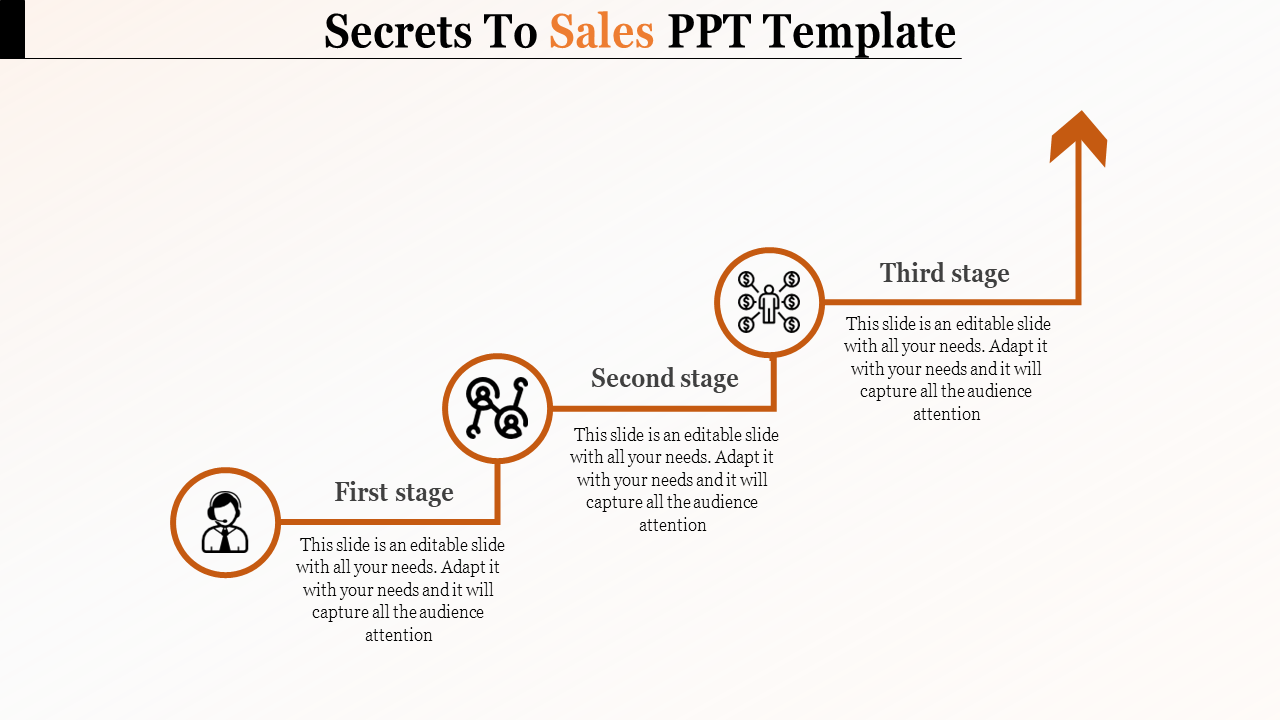 A sales PPT slide showcasing three stages from customer interaction to business growth, illustrated with relevant icons.