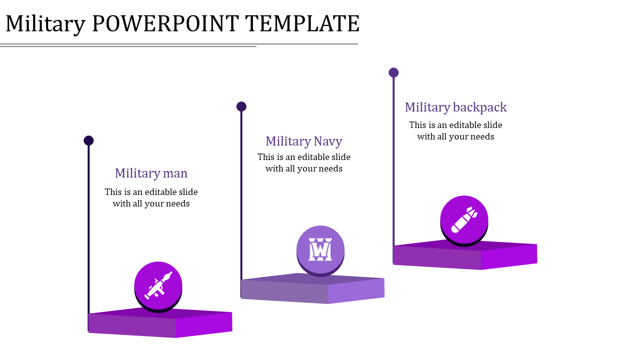 Purple military design with podiums and circular icons for military man, navy, and backpack, arranged diagonally.