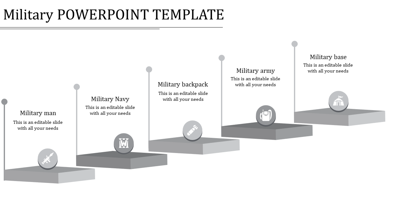 Five step military in grayscale showing icons for military man, navy, backpack, army, and base on tiered platforms.