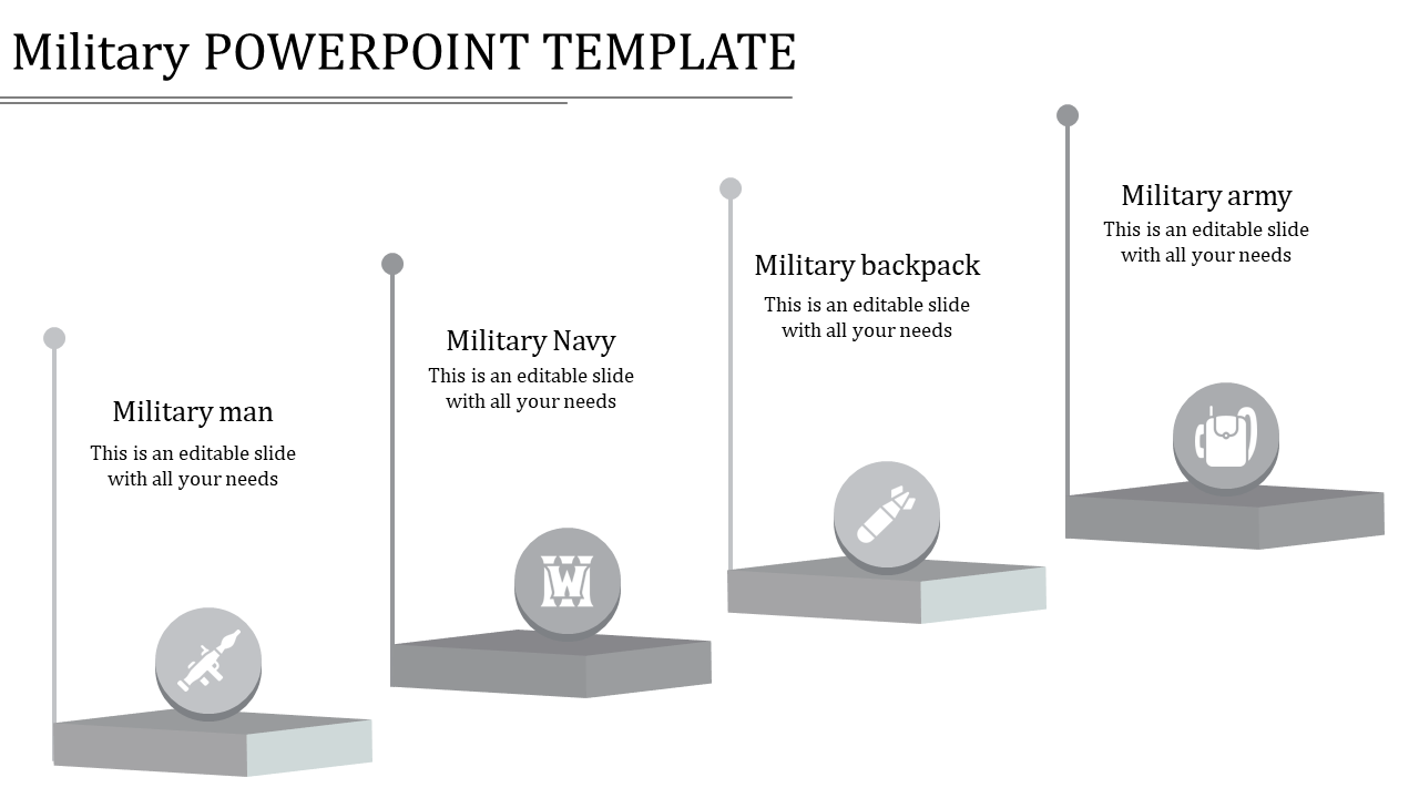 Grayscale military themed PowerPoint slide featuring icons for a soldier, navy, backpack, and army on tiered platforms.